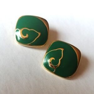 Vintage 1980s Designer Green Enamel Gold-plated Details Clip Earrings